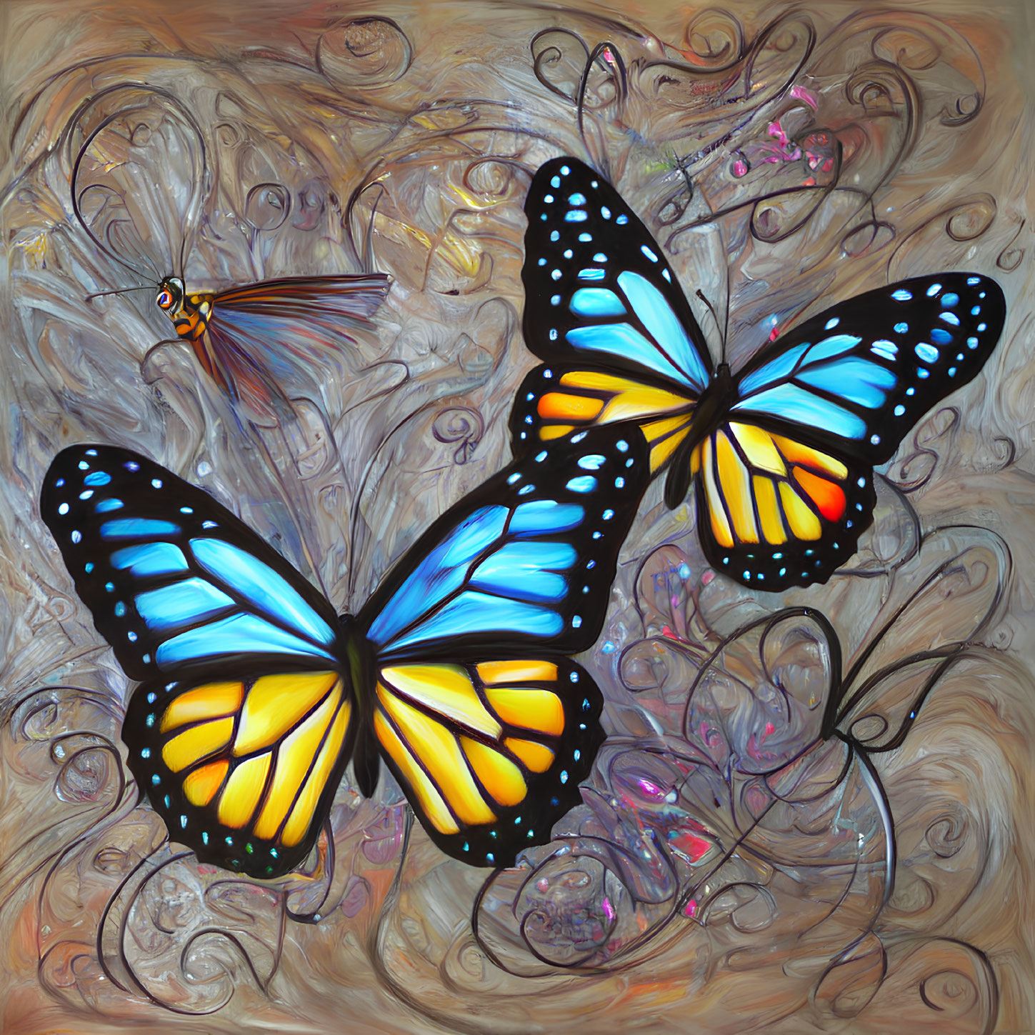 Colorful Blue and Yellow Butterflies with Dragonfly on Whimsical Background
