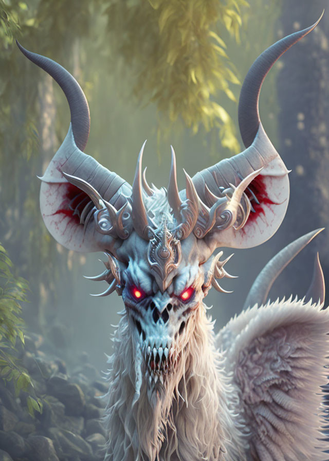 Fantasy creature with multiple horns and red eyes in misty forest