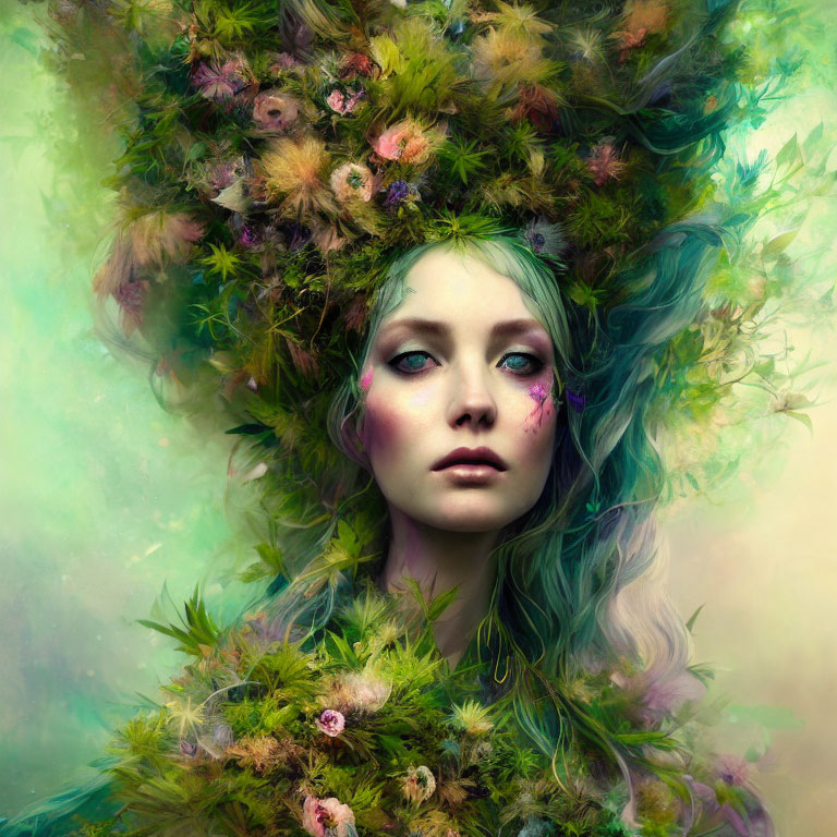 Woman with Ethereal Makeup and Floral Hair in Nature-Inspired Portrait