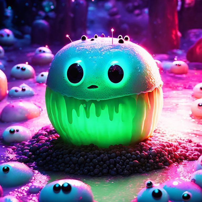 Green Glowing Creature with Big Eyes Surrounded by Small Eyeballs under Neon Lights