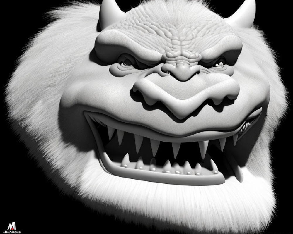 Monochrome 3D rendering of fierce, snarling creature with fangs & menacing scowl