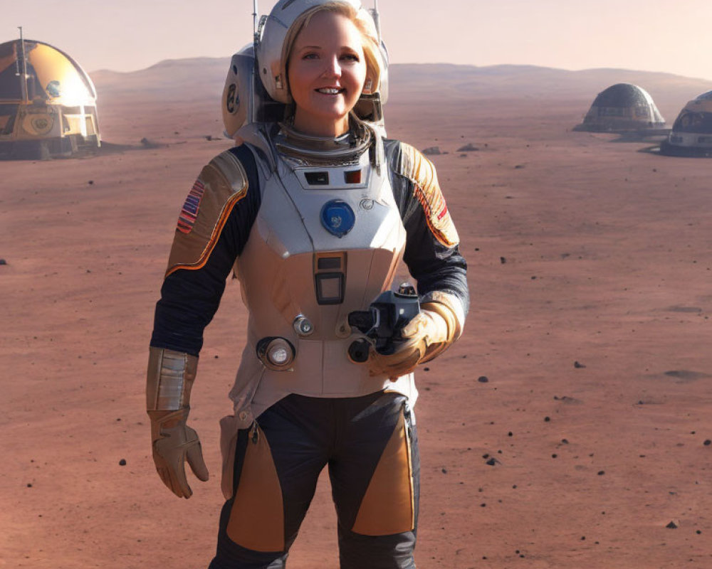 Smiling astronaut on Mars-like surface with habitat domes