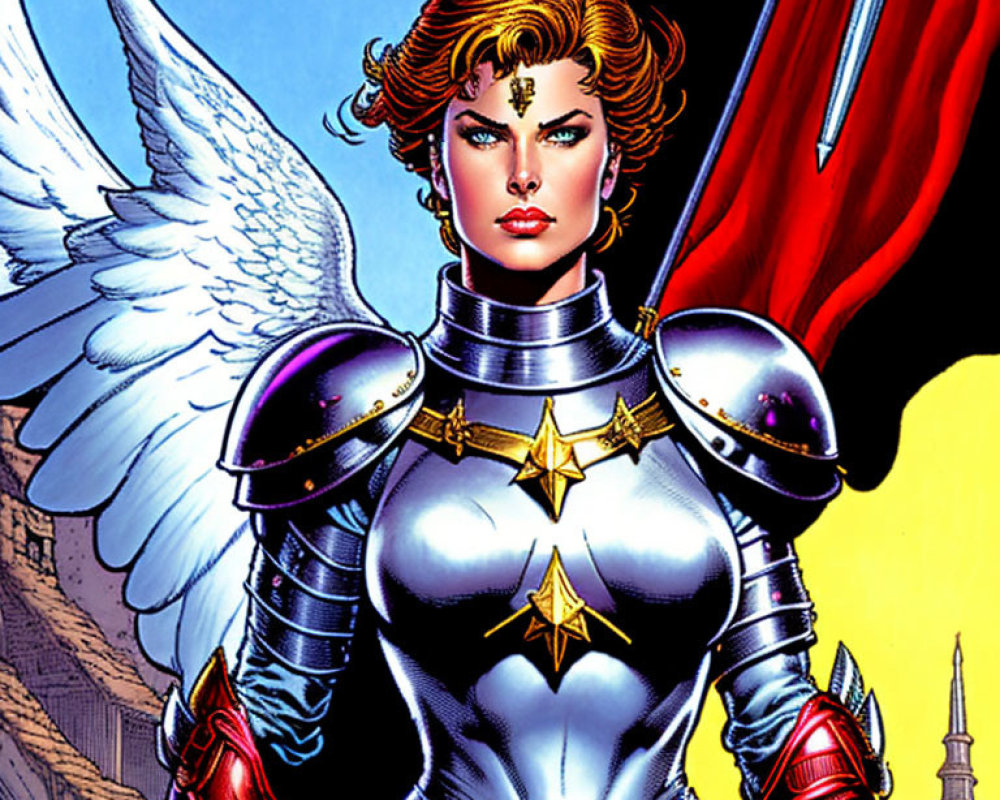 Superhero illustration with metallic armor, white wings, star emblem