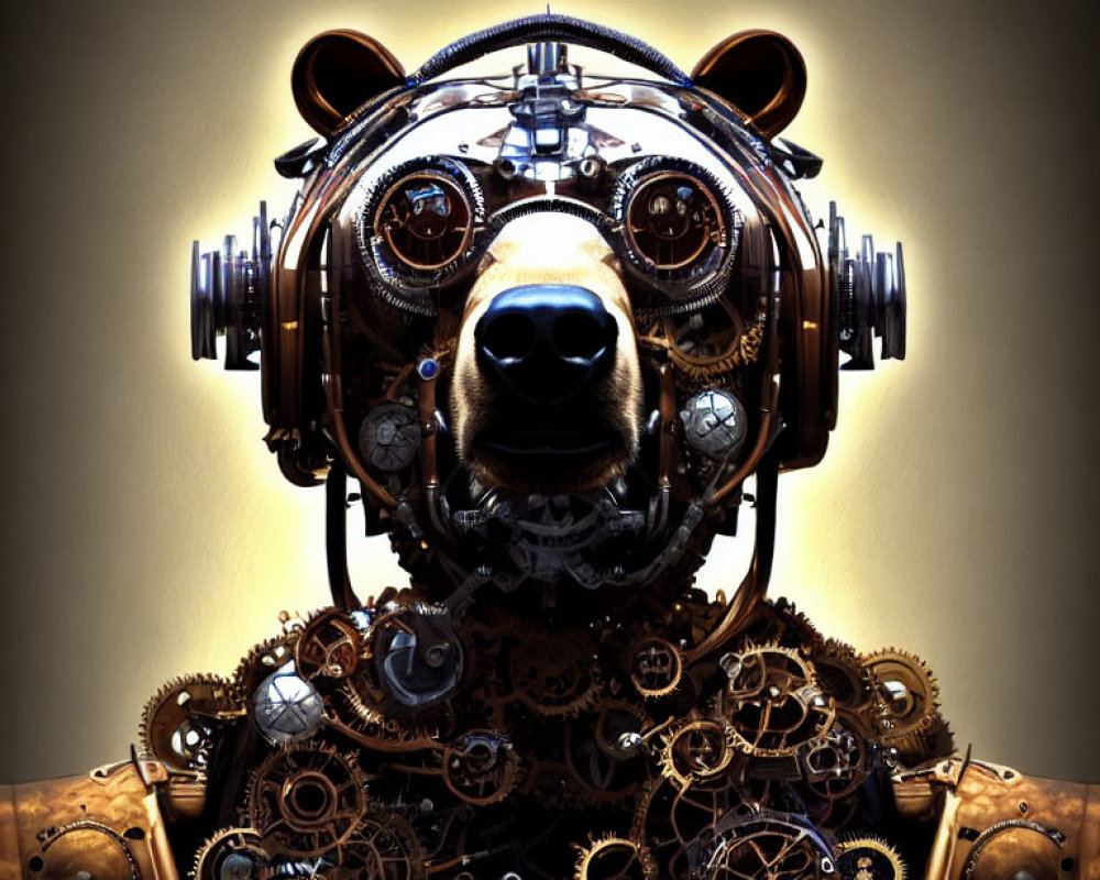 Steampunk-style mechanical bear with intricate gears and vintage aesthetic