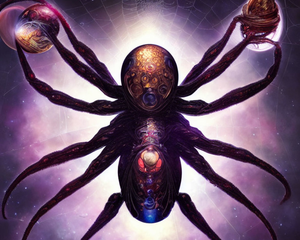 Cosmic spider with glowing eyes and planets in tentacles against starry space backdrop