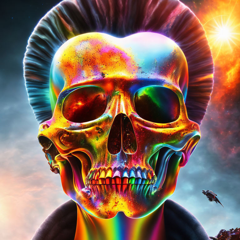 Colorful Skull with Cosmic Rainbow Background and Light Halo