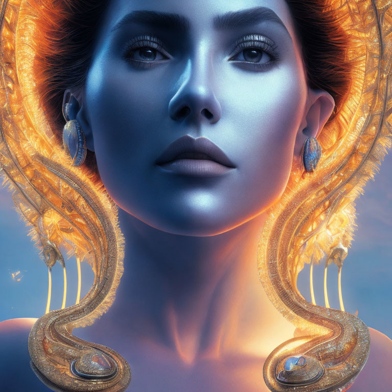 Portrait of Woman with Glowing Golden Jewelry and Ornate Headpiece on Blue Background