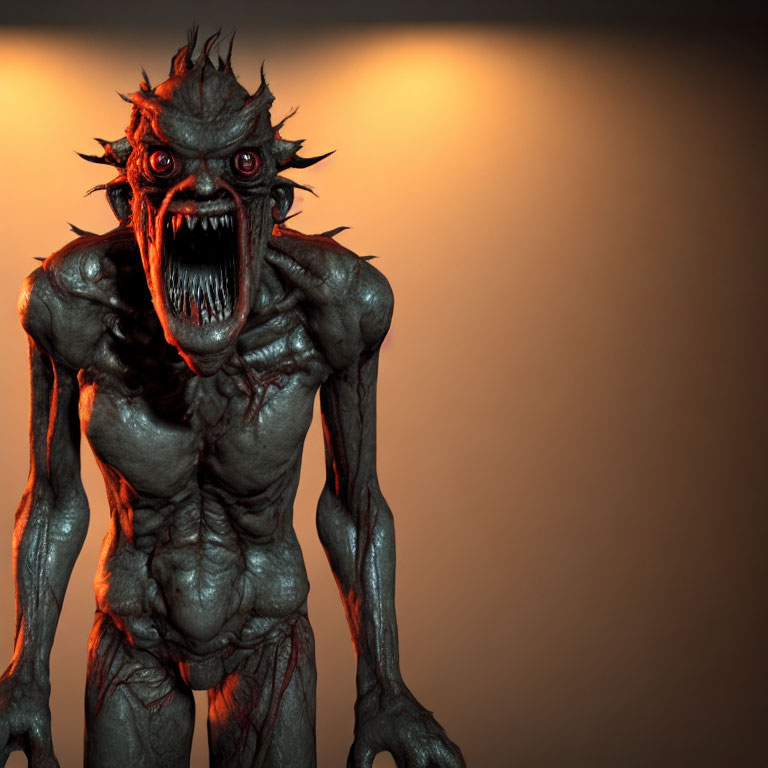 Menacing creature with sharp teeth, horns, and glowing eyes in dramatic lighting