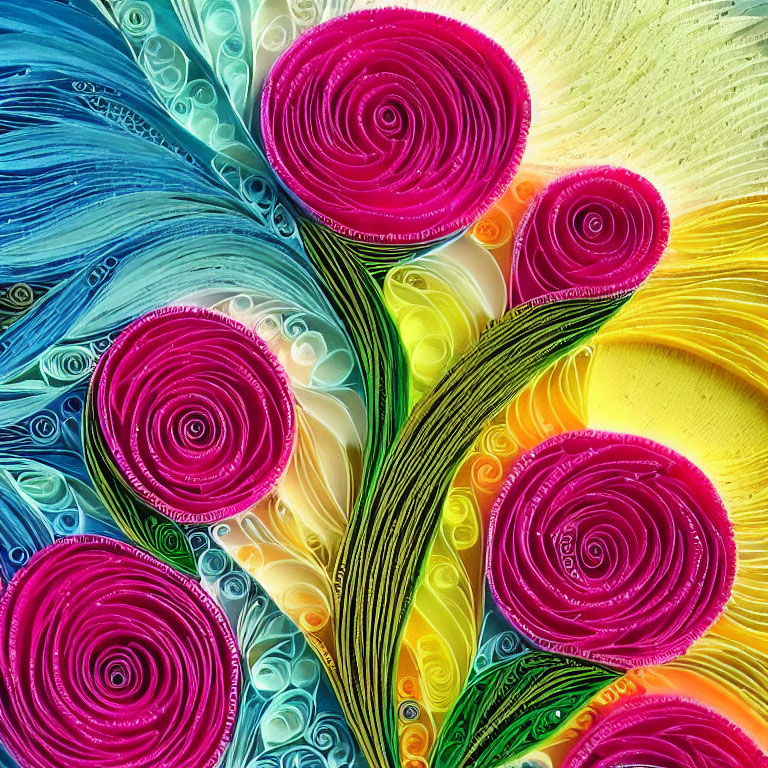 Vibrant paper quilling art of flowers and leaves with swirl patterns