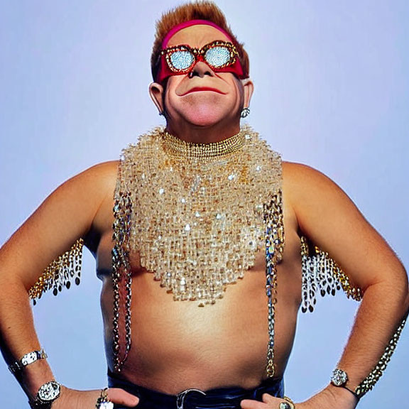 Exaggerated muscular man with star-shaped glasses and flamboyant accessories