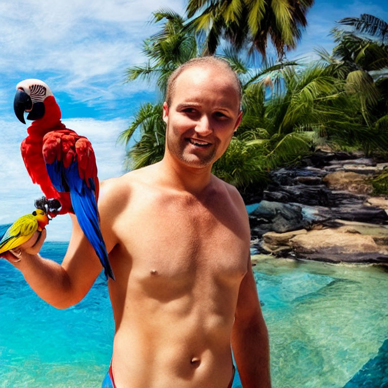 Man with two colorful parrots by clear blue water