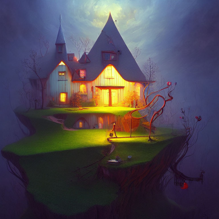 Whimsical house on floating island with magical red tree