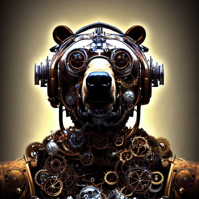 Steampunk-style mechanical bear with intricate gears and vintage aesthetic