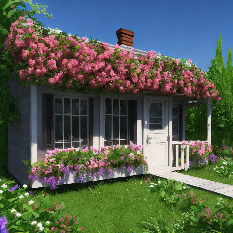White Cottage with Pink Flower-Covered Roof in Lush Greenery