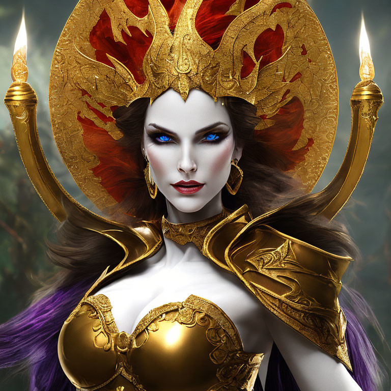 Fantasy female character with blue eyes, golden headpiece, armor, and candles in misty forest