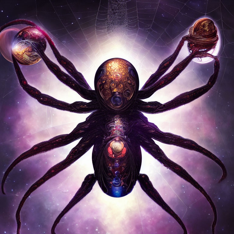 Cosmic spider with glowing eyes and planets in tentacles against starry space backdrop