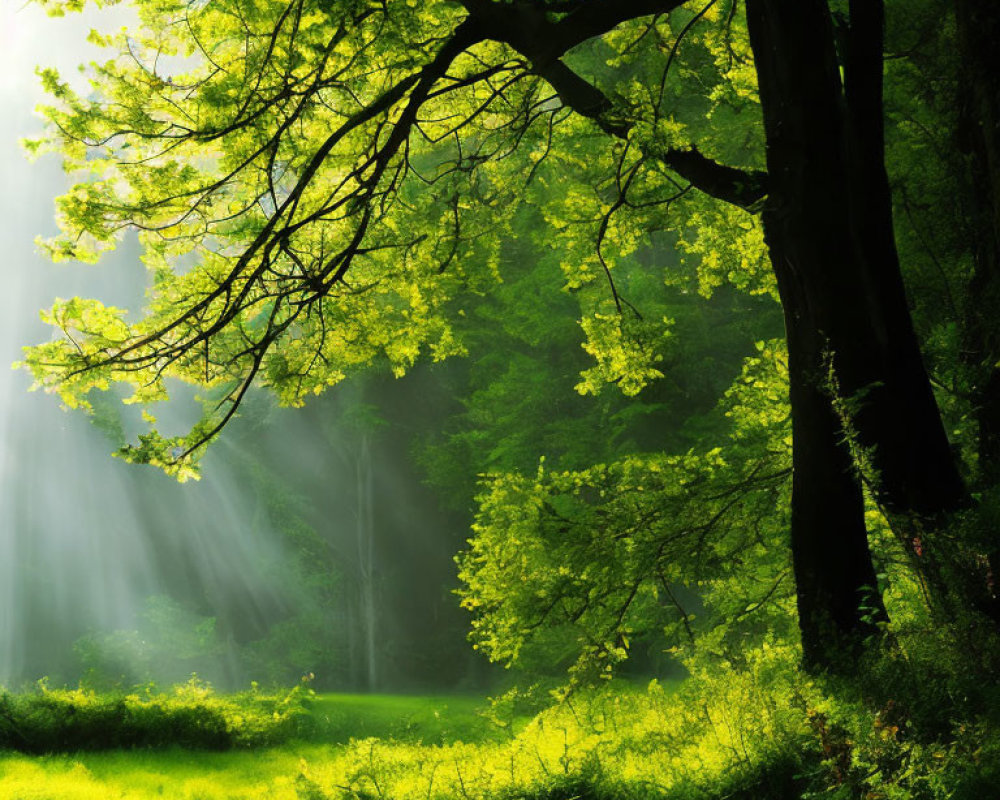 Vibrant green forest with sunlight filtering through canopy