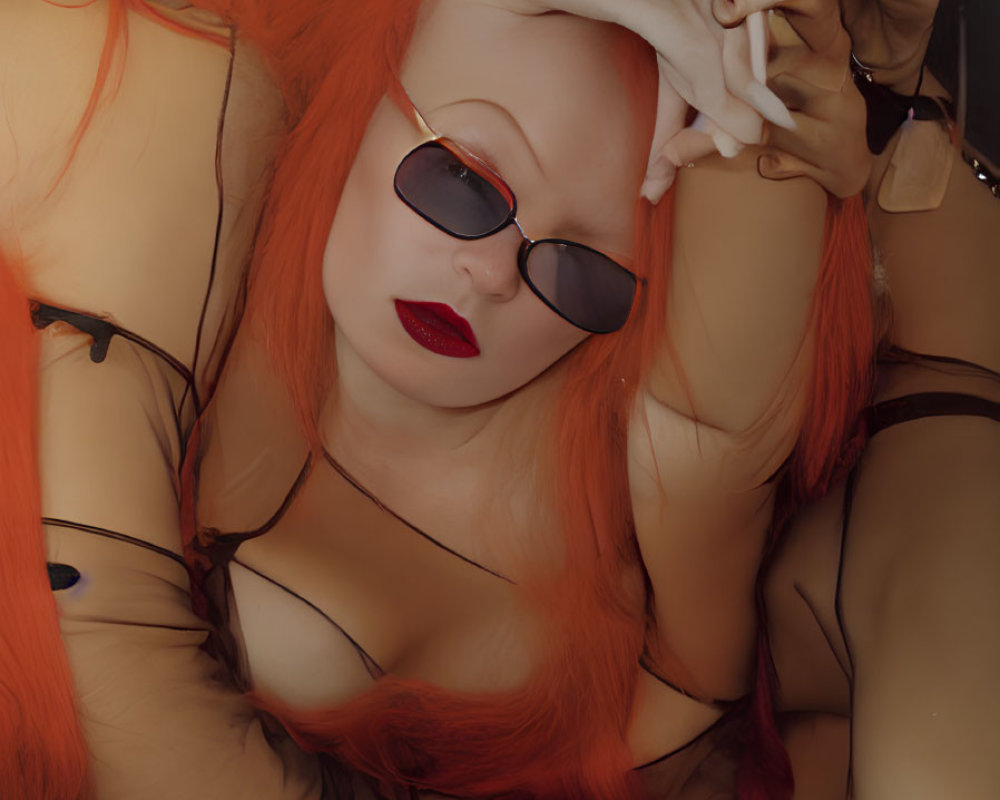 Woman with Bright Orange Hair and Red Lipstick Wearing Sunglasses Holding Cigarette