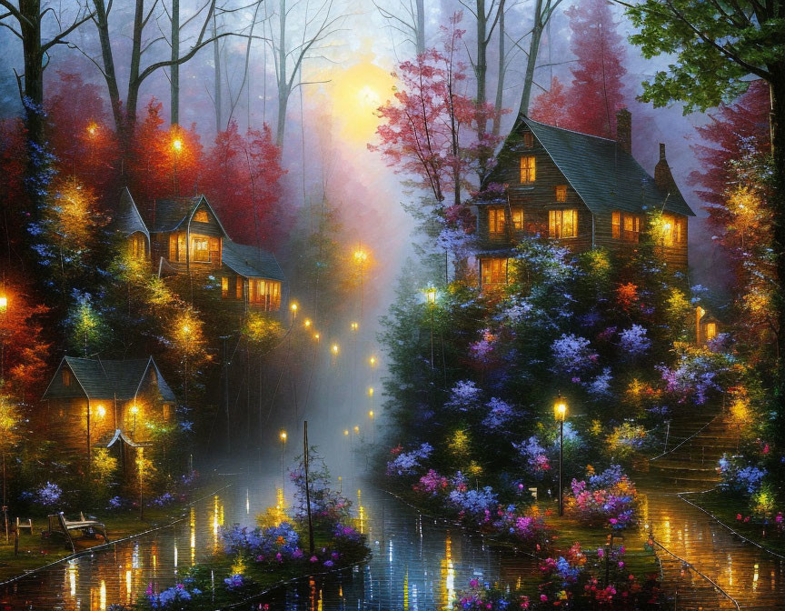 Enchanting autumn forest with illuminated tudor-style houses