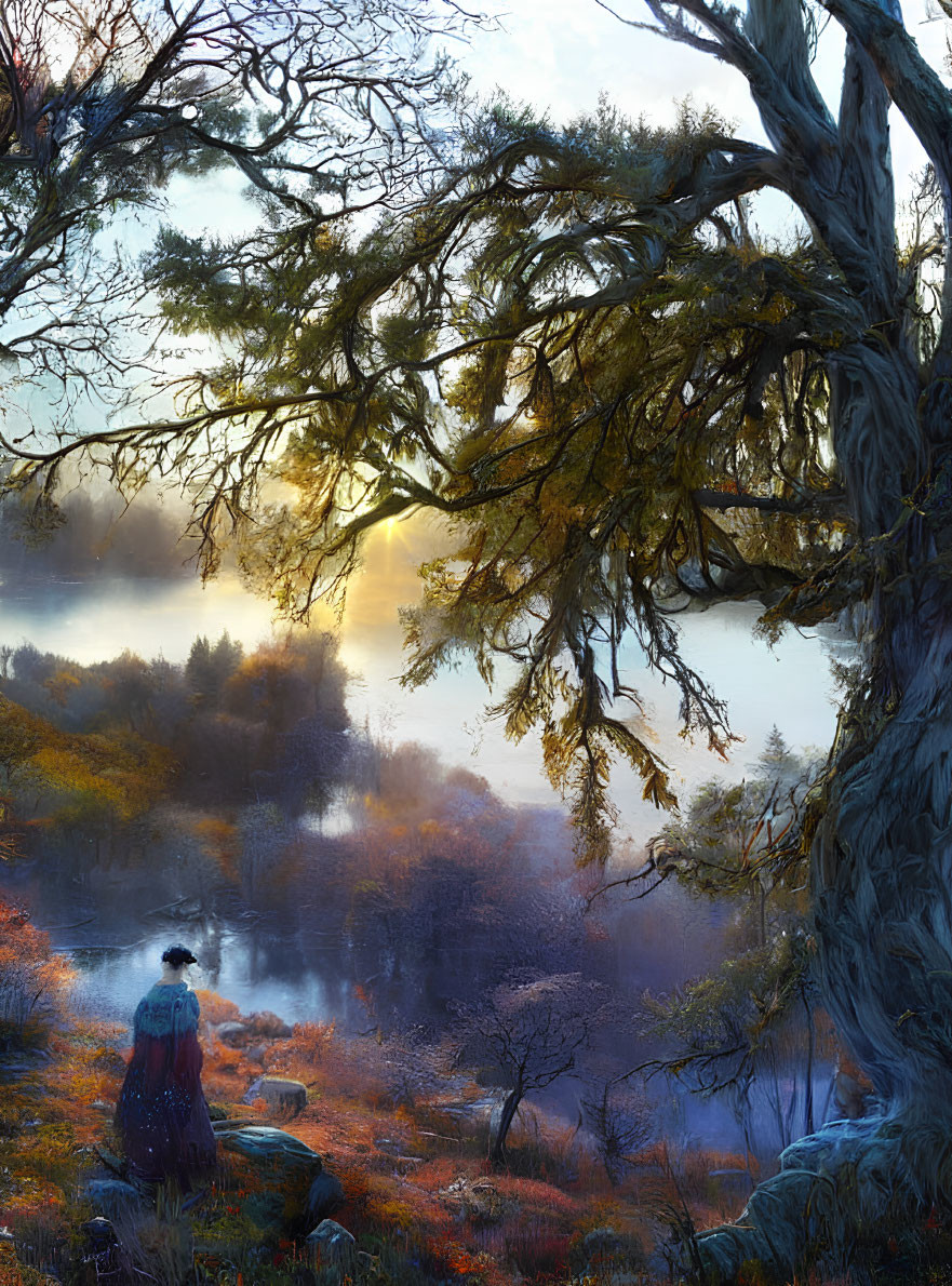 Person in Blue Cloak Observing Misty Autumn Forest