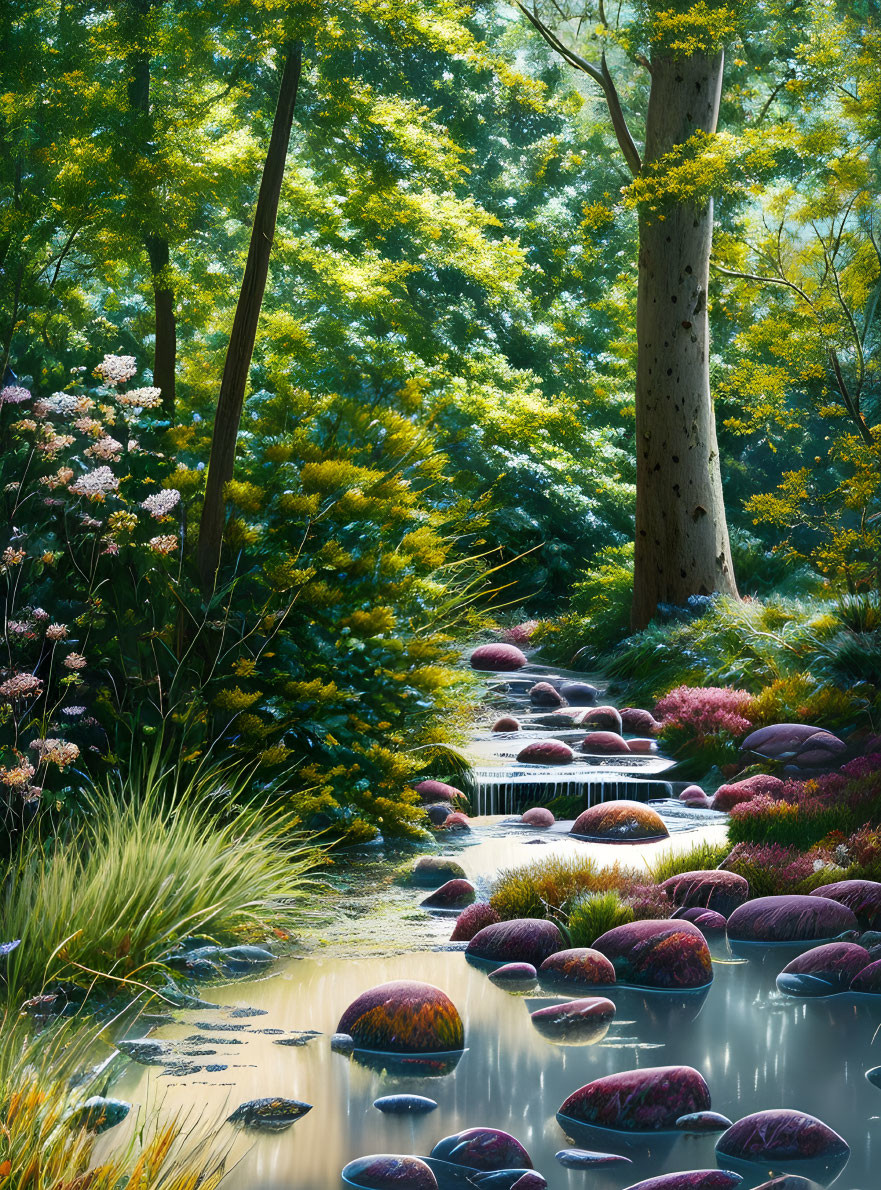 Tranquil garden scene with stream, stepping stones, lush foliage, and dappled sunlight