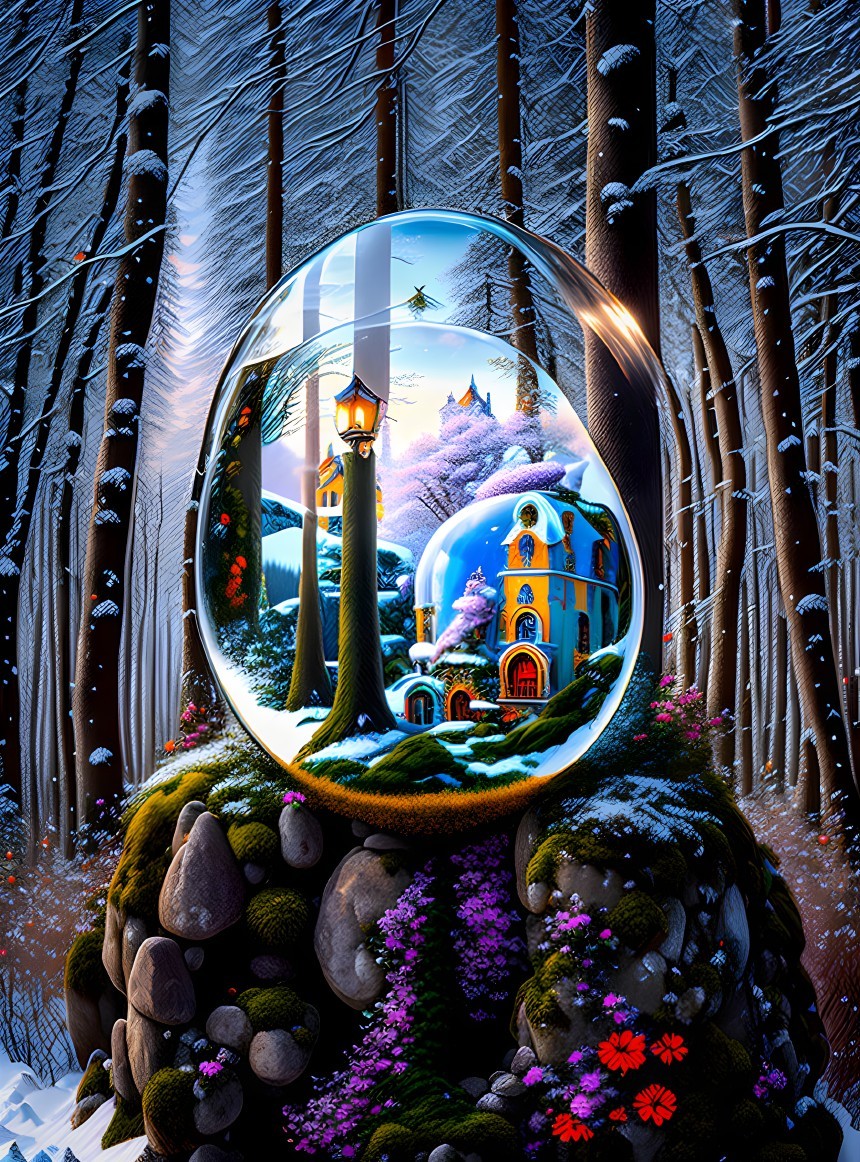 Colorful village in snowy forest with crystal ball perspective