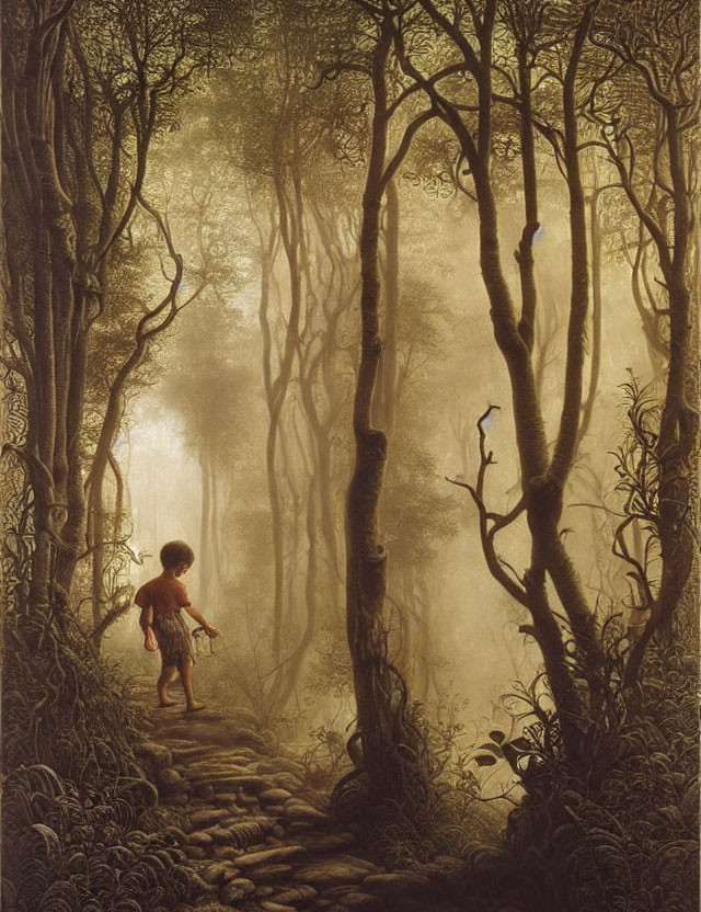 Child walking on cobblestone path in misty forest with twisted trees and blue bird.