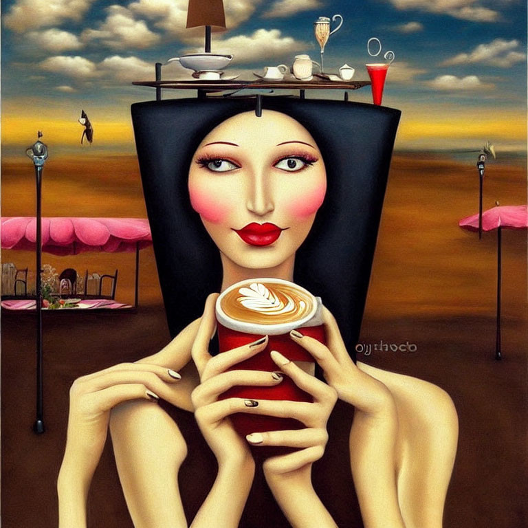 Surrealist painting: Woman with elongated head and coffee cup in dreamlike desert backdrop