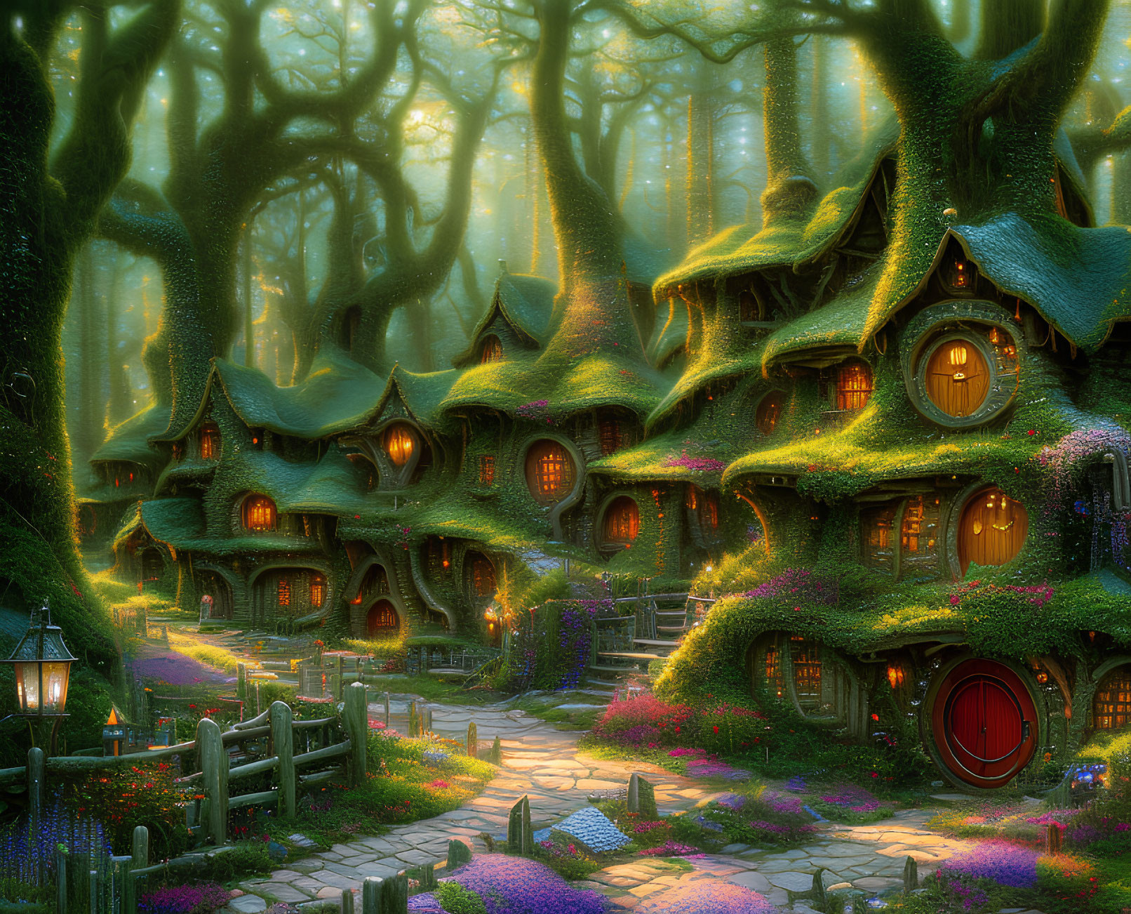 Whimsical forest scene with glowing treehouses and moss-covered roofs