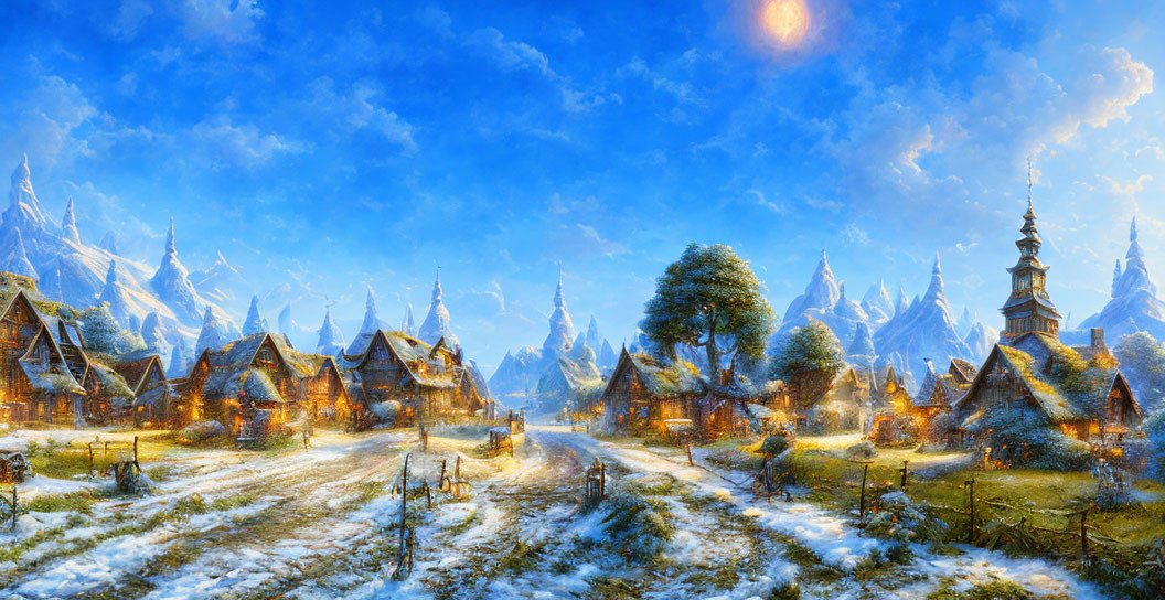 Snow-covered cottages, church spire, and icy mountains in winter village scene