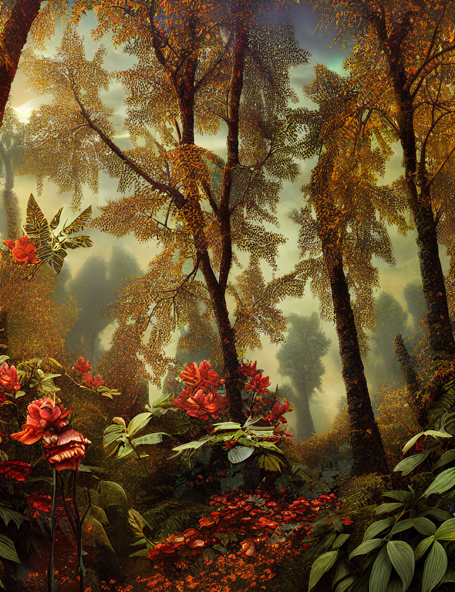 Mystical forest scene with towering trees, fog, autumn leaves, and red flowers
