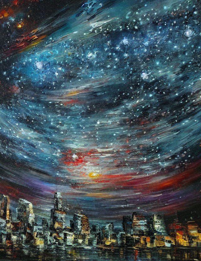 Colorful night cityscape with star-filled sky in vibrant painting