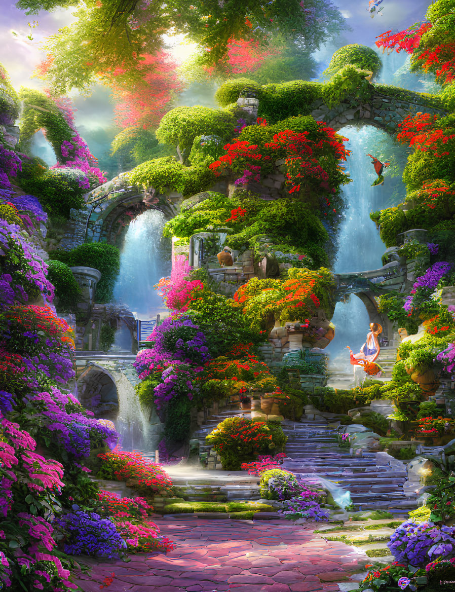 Lush Fantasy Garden with Waterfalls, Greenery & Stone Arches