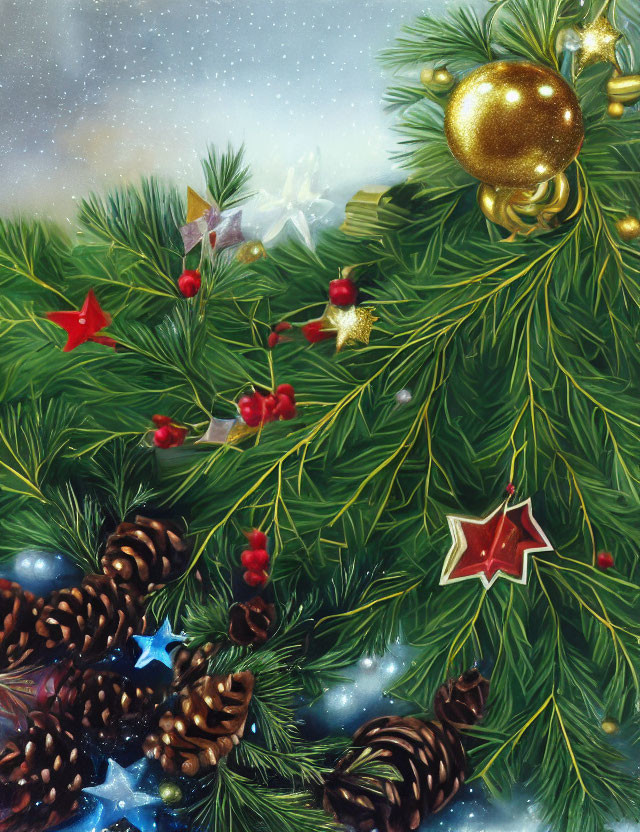 Decorated Christmas tree branch with golden ornaments, red berries, pine cones, and stars in snowy scene