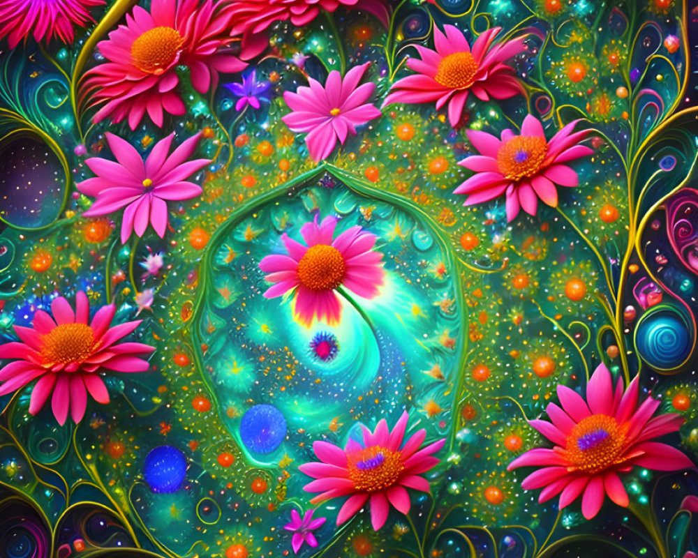 Colorful digital artwork: neon pink flowers, green leaves, cosmic patterns, glowing orbs