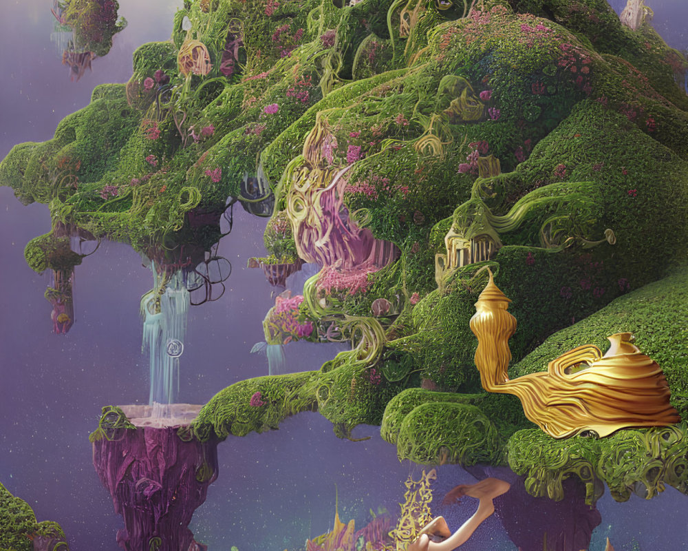 Fantastical landscape with floating islands and lush greenery