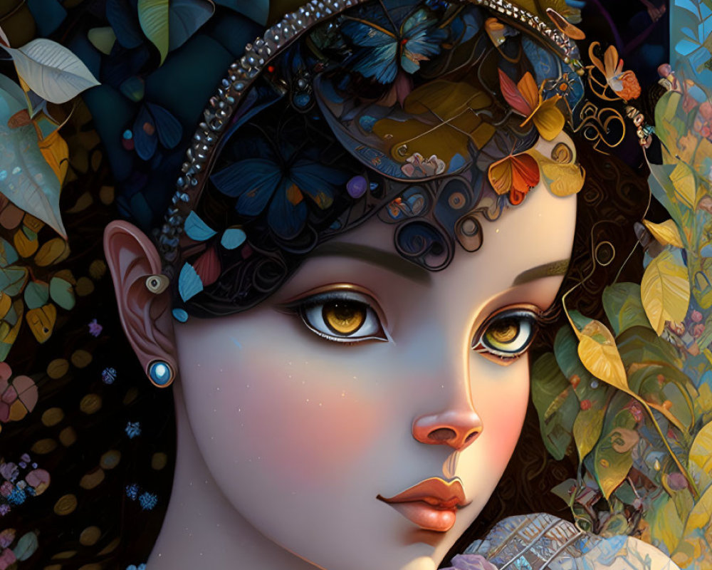 Illustrated female face with large eyes and floral elements on dark backdrop