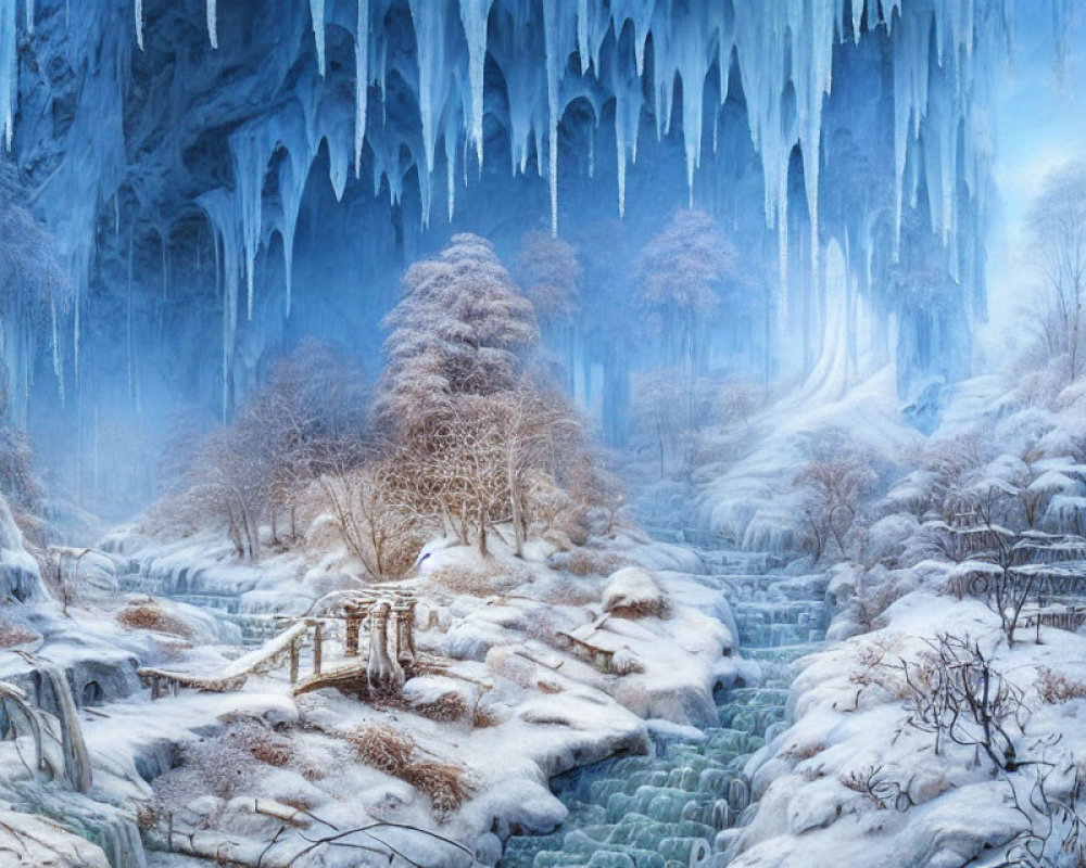 Frozen Waterfall and Snow-Covered Trees in Winter Landscape
