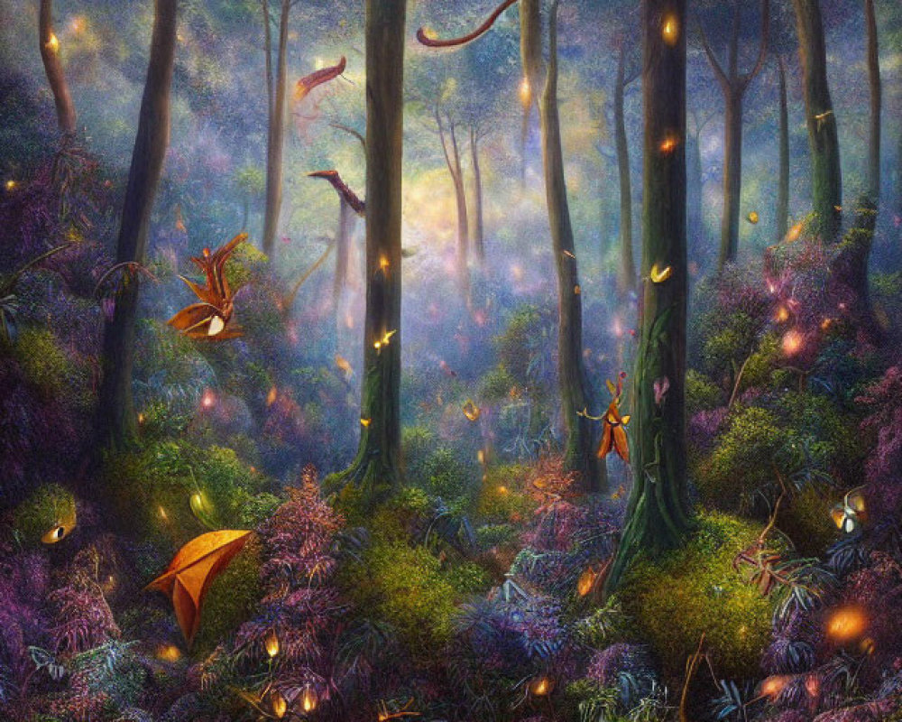 Enchanting forest scene with fireflies, faeries, and colorful vegetation