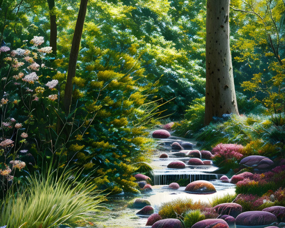 Tranquil garden scene with stream, stepping stones, lush foliage, and dappled sunlight