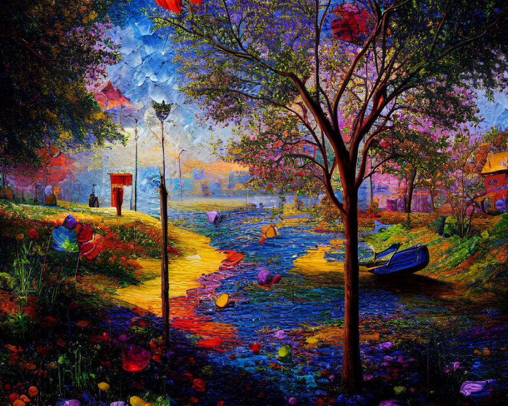 Colorful painting of whimsical pathway, floating lanterns, river boat, streetlamp, starry