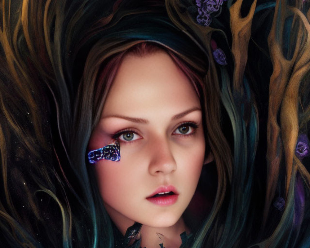 Vibrant blue-eyed woman with swirling dark hair and purple flowers.