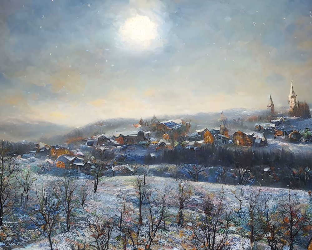 Snowy village with warm sun glow and church spire in winter landscape
