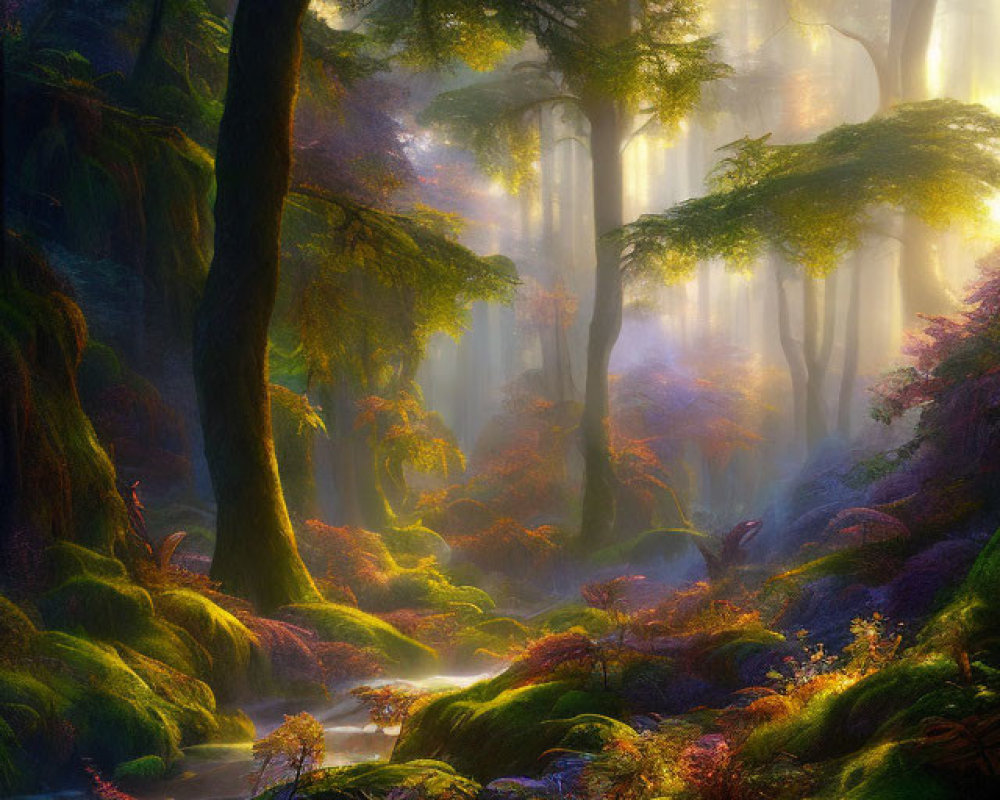 Ethereal forest scene with sunlight, green moss, trees, stream, red foliage