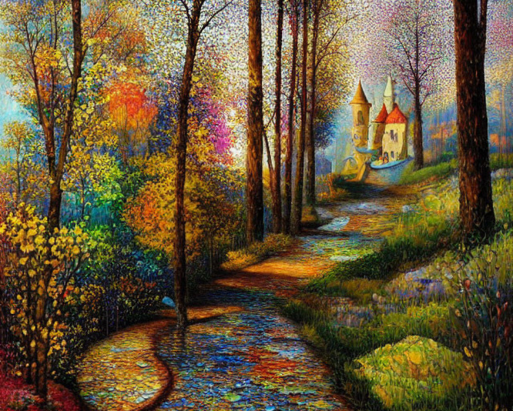 Colorful Fantasy Landscape Painting with Castle and Cobblestone Path