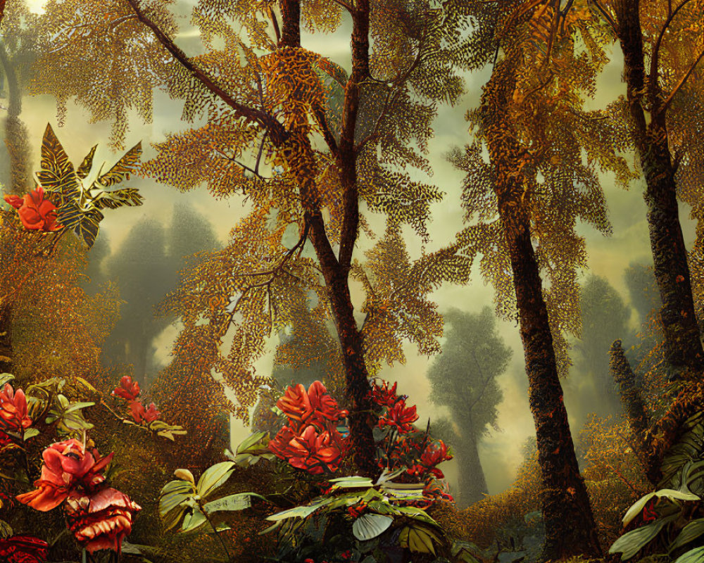 Mystical forest scene with towering trees, fog, autumn leaves, and red flowers