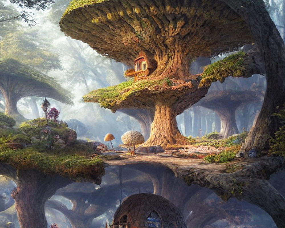 Enchanting forest with giant mushroom-like trees and quaint dwellings in ethereal light