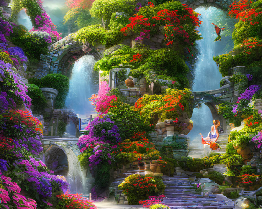 Lush Fantasy Garden with Waterfalls, Greenery & Stone Arches