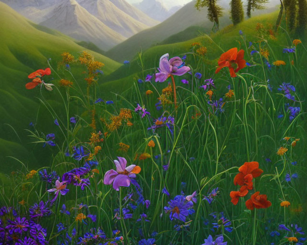 Colorful meadow painting with flowers, hills, and mountains