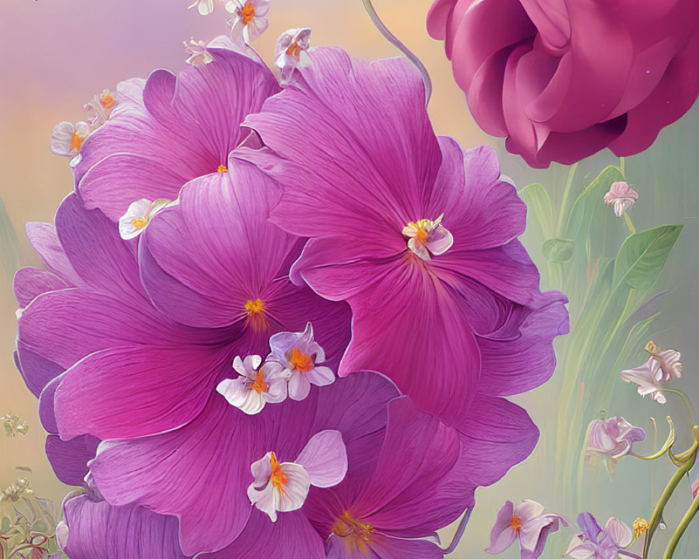 Vibrant pink flowers in a digital artwork with purple landscape